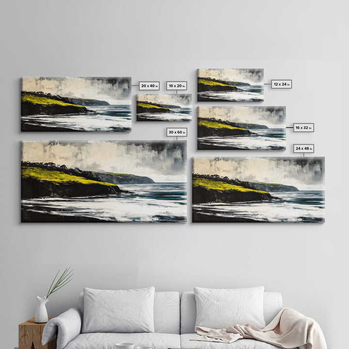 Ocean Cliffs, Misty Coastline, Stormy Sea, Canvas Print, Moody Seascape Art, Living Room Decor, Minimalist Wall Art, Nature Painting
