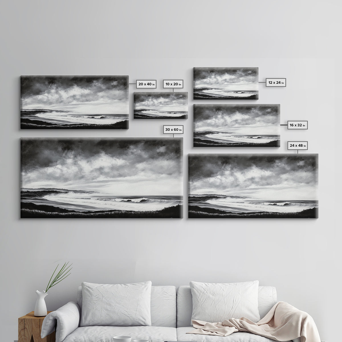 Black and White Beach, Moody Sky, Stormy Waves, Framed Canvas Print, Minimalist Wall Art, Modern Home Decor, Nautical Landscape