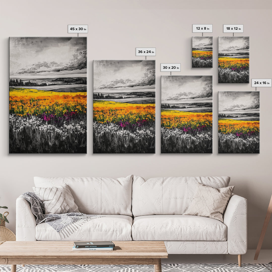 Black White Landscape, Yellow Wildflower Field, Nature Wall Art, Rustic Farmhouse Art, Country Home Decor, Office Art, Framed Canvas Print