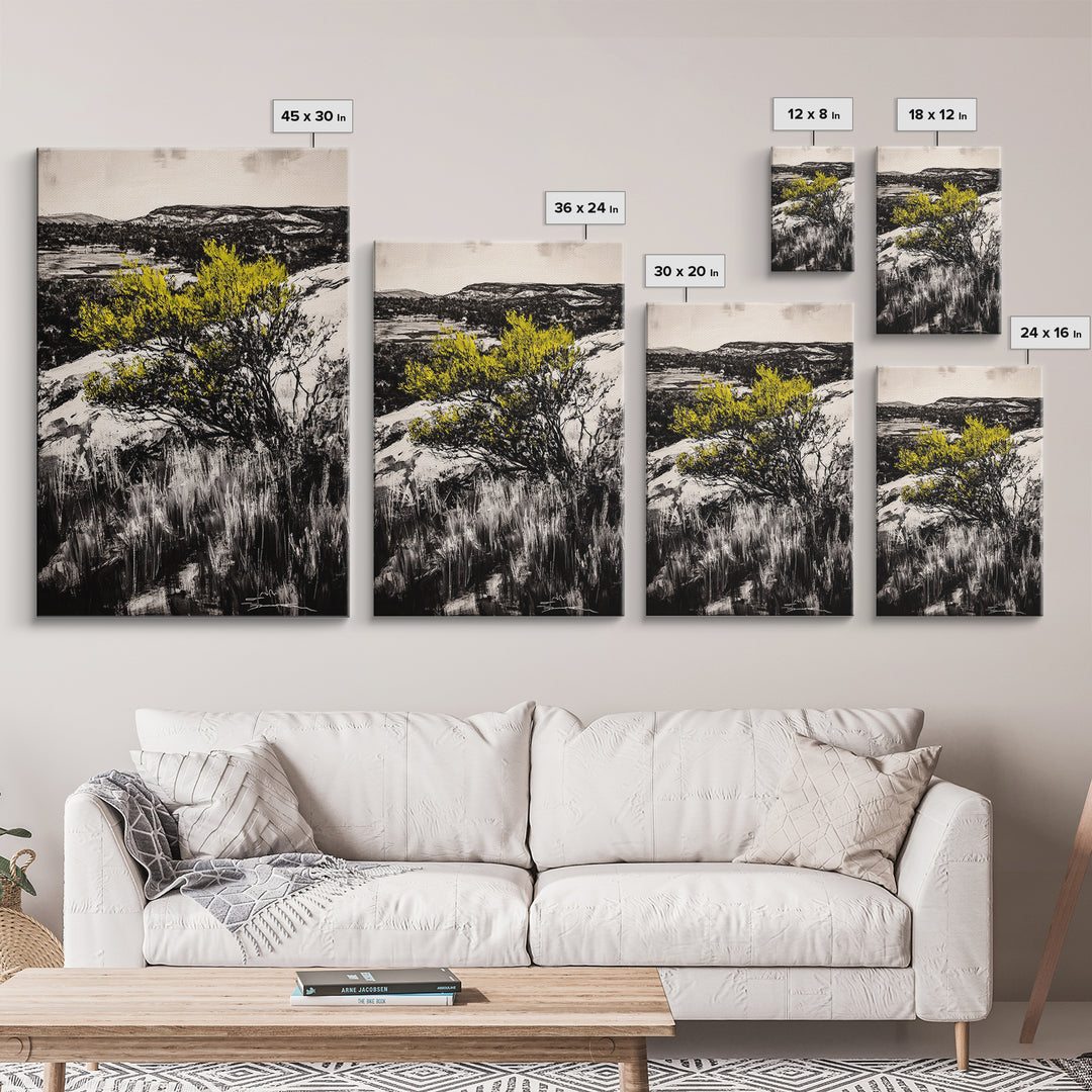 Desert Landscape Art, Minimalist Nature Print, Monochrome Decor, Rustic Mountain Scene, Living Room Wall Art, Framed Canvas Print