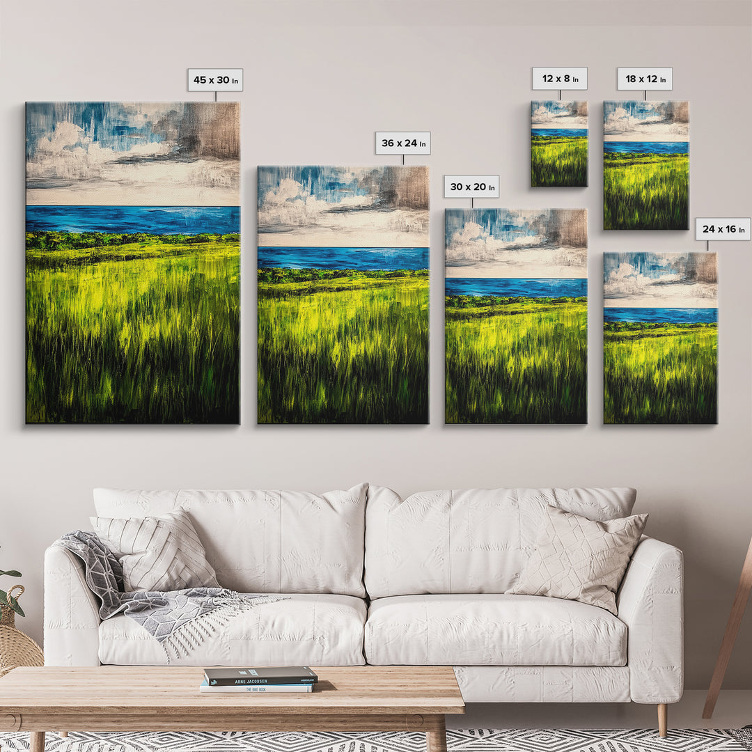 Coastal Landscape, Ocean View, Green Fields, Framed Canvas Print, Serene Wall Art, Nature Inspired, Tranquil Beach Decor, Modern Art