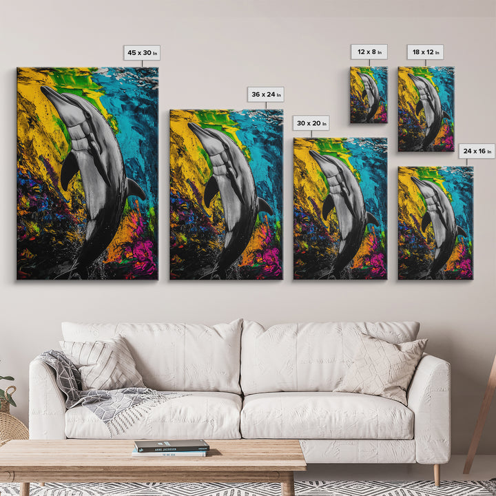 Dolphin Art, Vibrant Colors, Underwater Scene, Framed Canvas Print, Ocean Wall Decor, Marine Life Art, Coastal Vibes, Nautical Home Decor