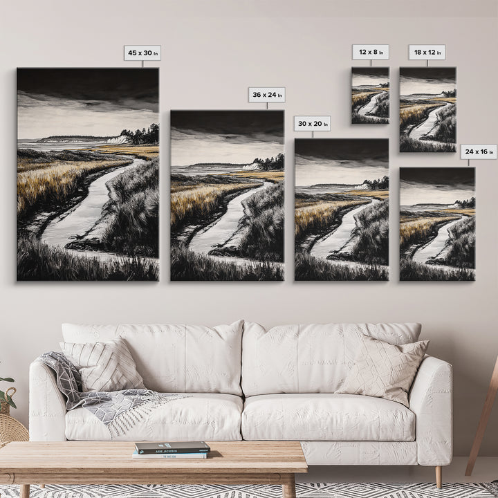 Coastal Landscape, Black and White, Framed Canvas Print, Nature Wall Art, Living Room Decor, Modern Farmhouse Art, Neutral Tones