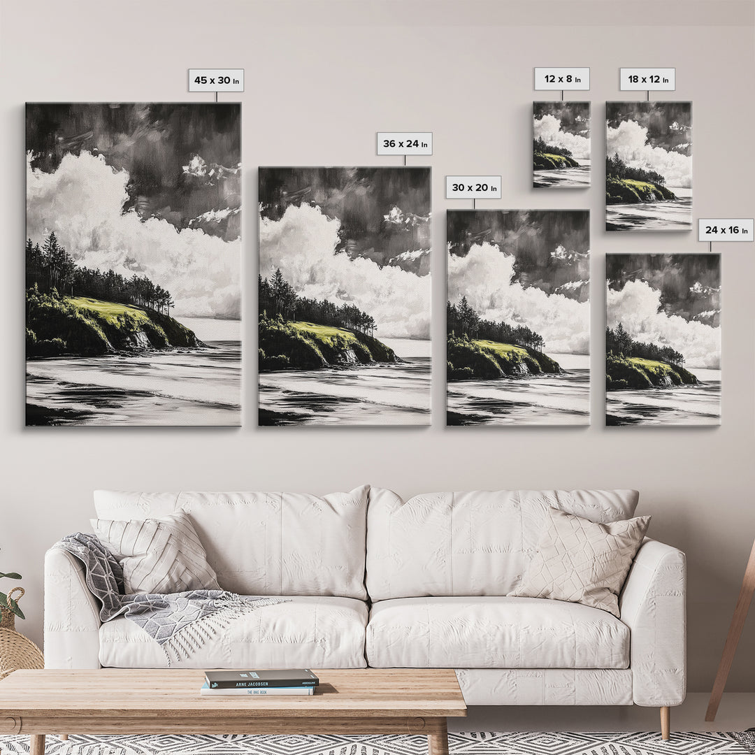 Coastal Cliffs, Black and White Landscape, Moody Sky Painting, Rustic Nature Wall Art, Office Decor, Framed Canvas Print