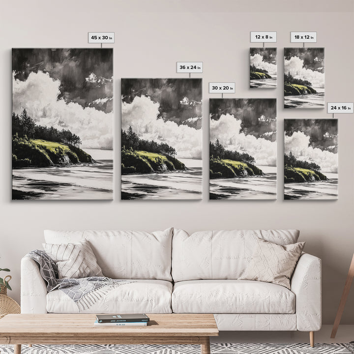 Coastal Cliffs, Black and White Landscape, Moody Sky Painting, Rustic Nature Wall Art, Office Decor, Framed Canvas Print