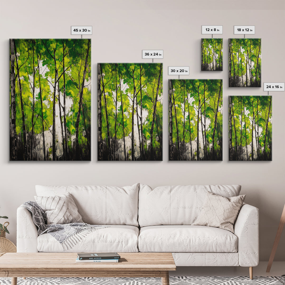 Birch Trees, Green Forest Art, Nature Landscape, Abstract Painting, Contemporary Wall Decor, Earthy Home Art, Framed Canvas Print