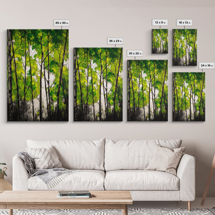 Birch Trees, Green Forest Art, Nature Landscape, Abstract Painting, Contemporary Wall Decor, Earthy Home Art, Framed Canvas Print