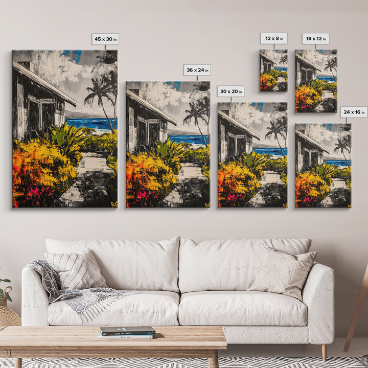 Beach House Path, Black White Coastal Art, Yellow Green Foliage, Tropical Landscape, Ocean Wall Decor, Beach Home, Framed Canvas Print