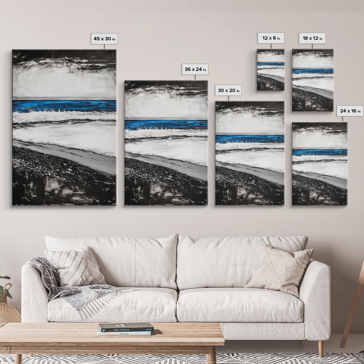 Coastal Shore, Beach Wall Art, Minimalist Seascape, Ocean Waves, Black and White Art, Nautical Decor, Relaxing Home Art, Canvas Print