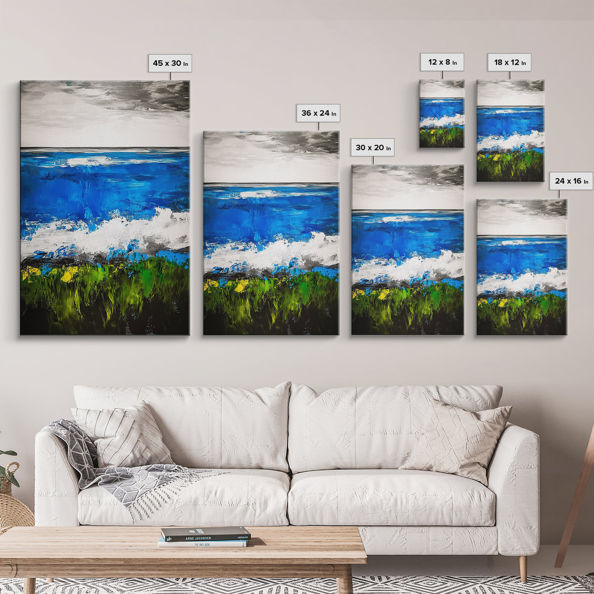 Abstract Ocean View, Blue Green Black White, Coastal Wall Art, Modern Beach Home Decor, Bold Statement Painting, Office Art, Canvas Print