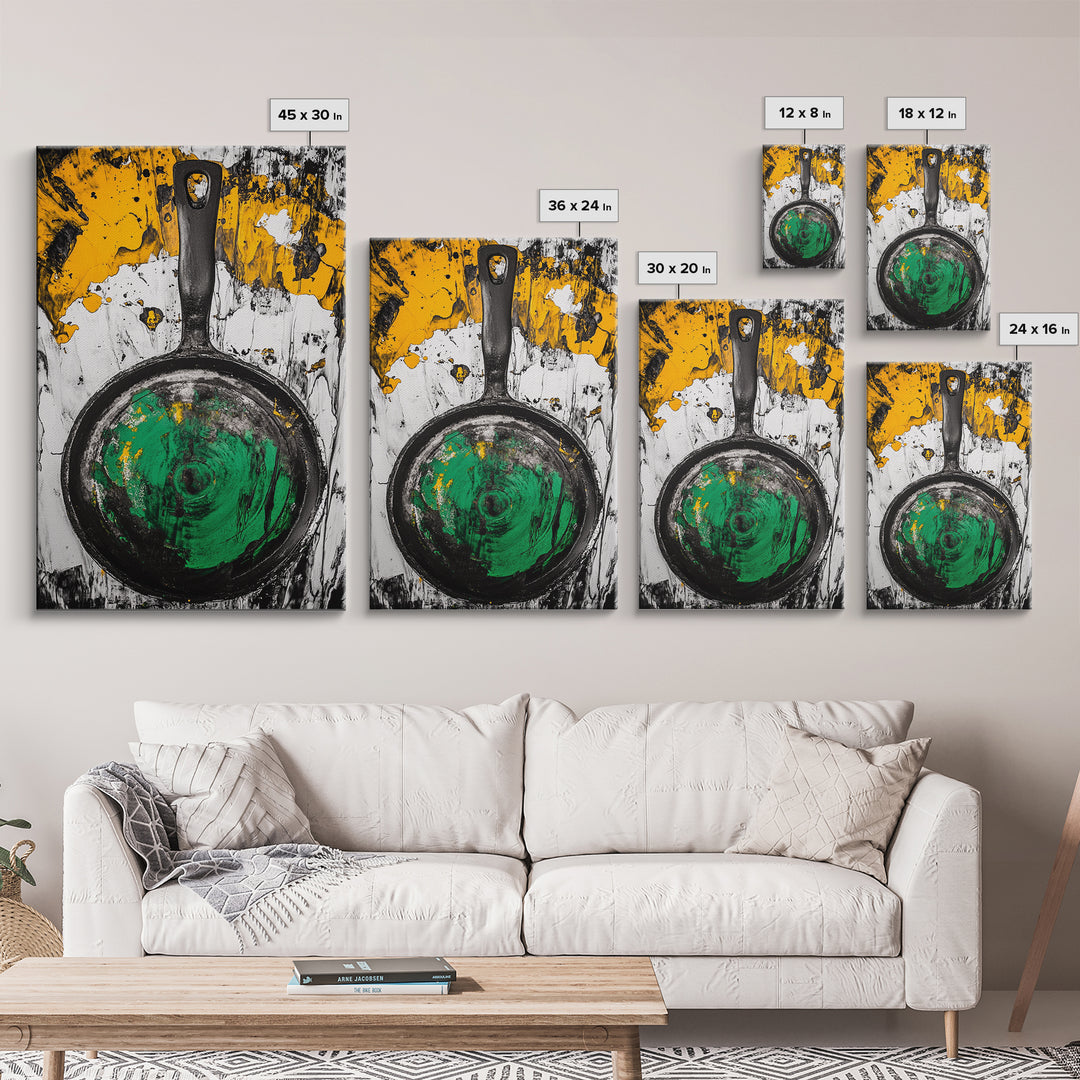 Abstract Frying Pan, Rustic Kitchen Art, Modern Industrial Wall Decor, Black Yellow Green Art, Unique Foodie Gift, Canvas Print