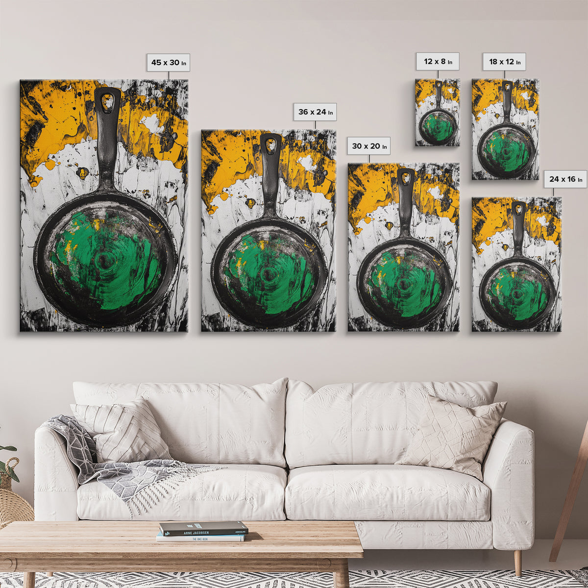 Abstract Frying Pan, Rustic Kitchen Art, Modern Industrial Wall Decor, Black Yellow Green Art, Unique Foodie Gift, Canvas Print