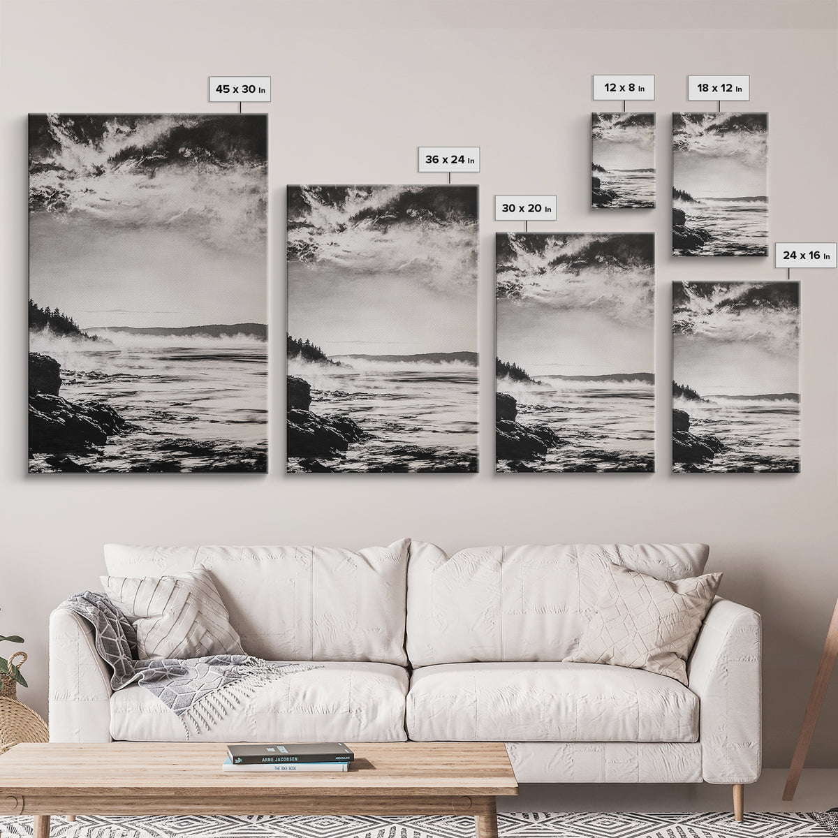 Coastal Mist, Moody Seascape, Black and White Ocean, Nautical Wall Art, Minimalist Decor, Living Room Art, Canvas Print, Gift Idea