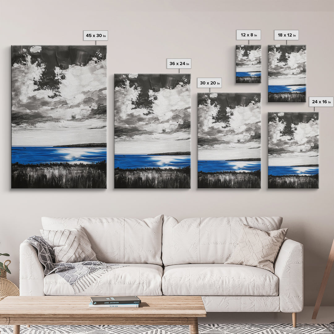 Blue Horizon, Ocean Landscape, Coastal Wall Art, Black and White Sky, Beach House Decor, Modern Art, Framed Canvas Print, Tranquil Design