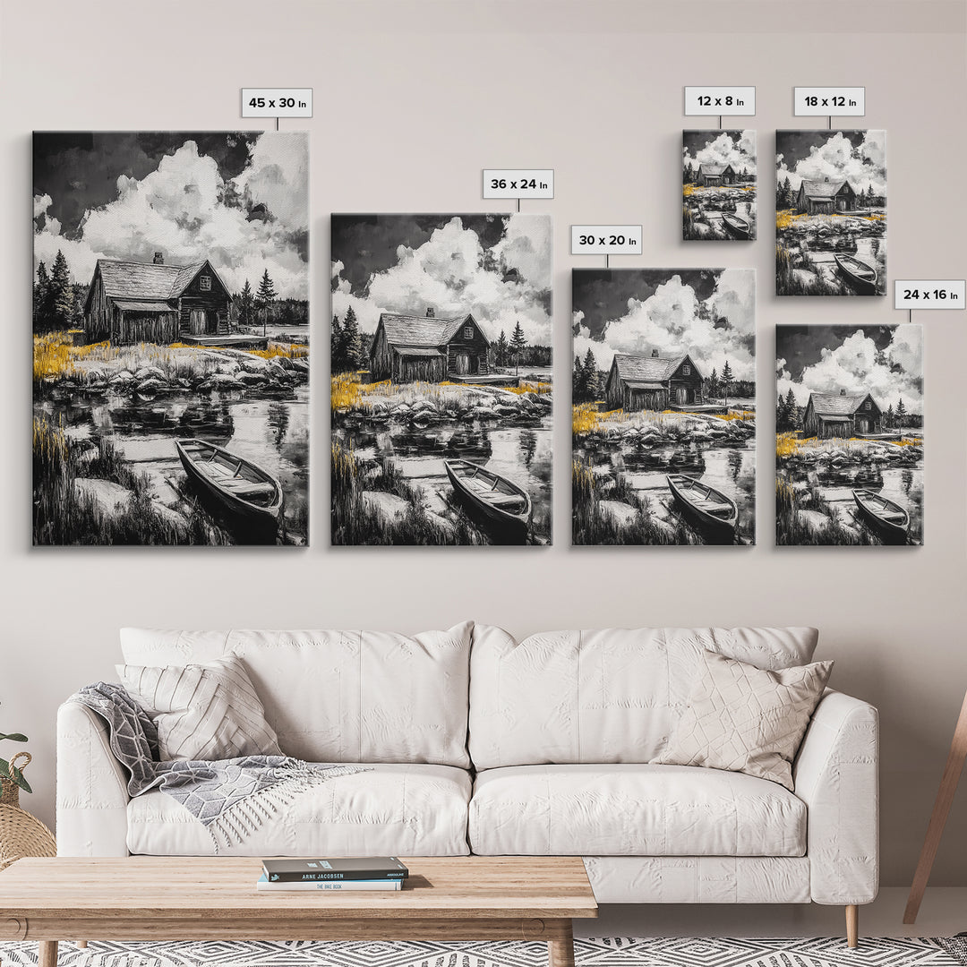 Cabin Reflection, Rustic Home Art, Log House Painting, Tranquil Lake, Country Home Wall Decor, Framed Canvas Print, Nature Lover Gift