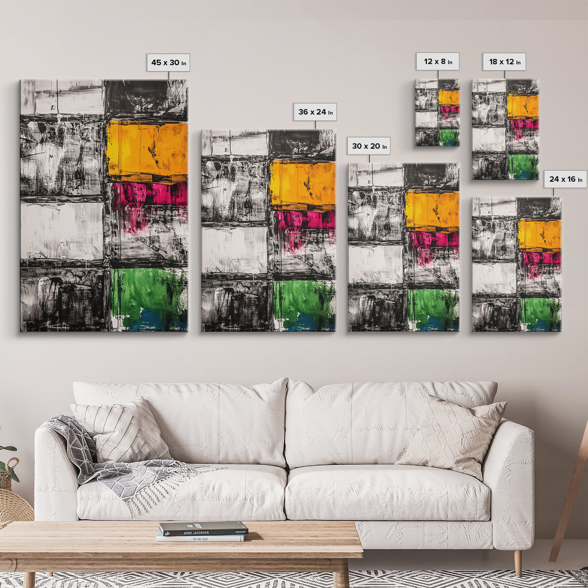 Abstract Modern Art, Black White Geometric, Yellow Red Green Blocks, Minimalist Wall Decor, Office Art, Mid Century Style, Canvas Print