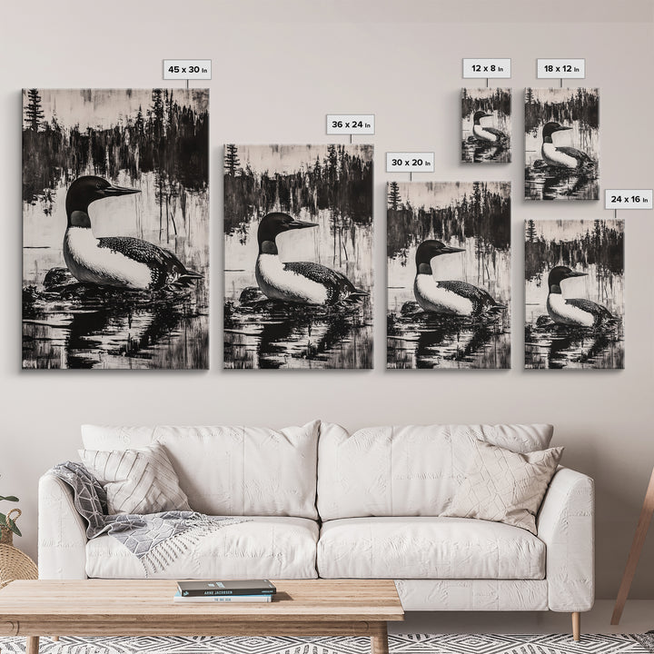 Loon, Lake Reflection, Nature Wall Art, Framed Canvas Print, Black and White Art, Minimalist Decor, Cabin Wall Art, Rustic Home