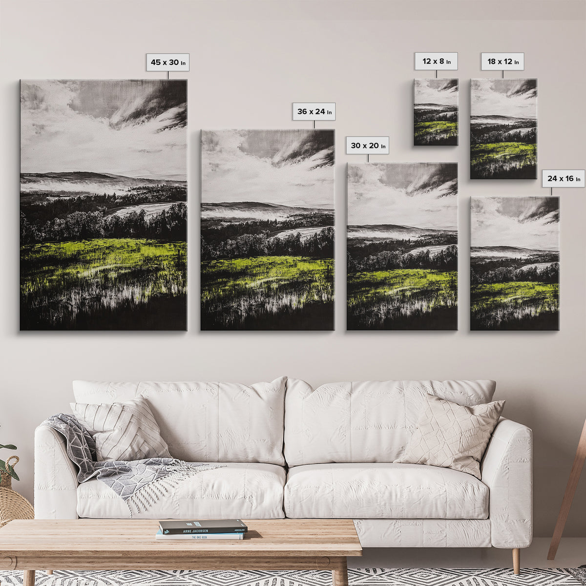 Rolling Hills, Nature Landscape, Canvas Print, Black White Green Art, Farmhouse Decor, Rustic Wall Art, Bedroom Decor, Fall Home Art