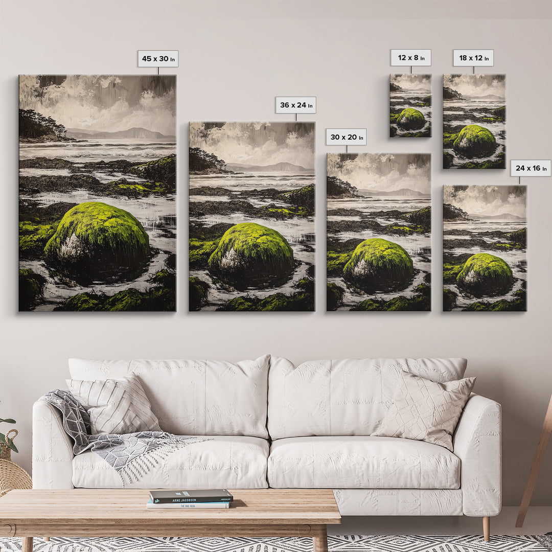 Coastal Rocks, Mossy Shore, Framed Canvas Print, Ocean Landscape, Beach House Wall Art, Nautical Decor, Green Nature, Relaxing Art