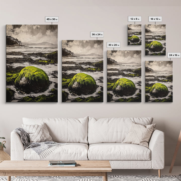 Coastal Rocks, Mossy Shore, Framed Canvas Print, Ocean Landscape, Beach House Wall Art, Nautical Decor, Green Nature, Relaxing Art