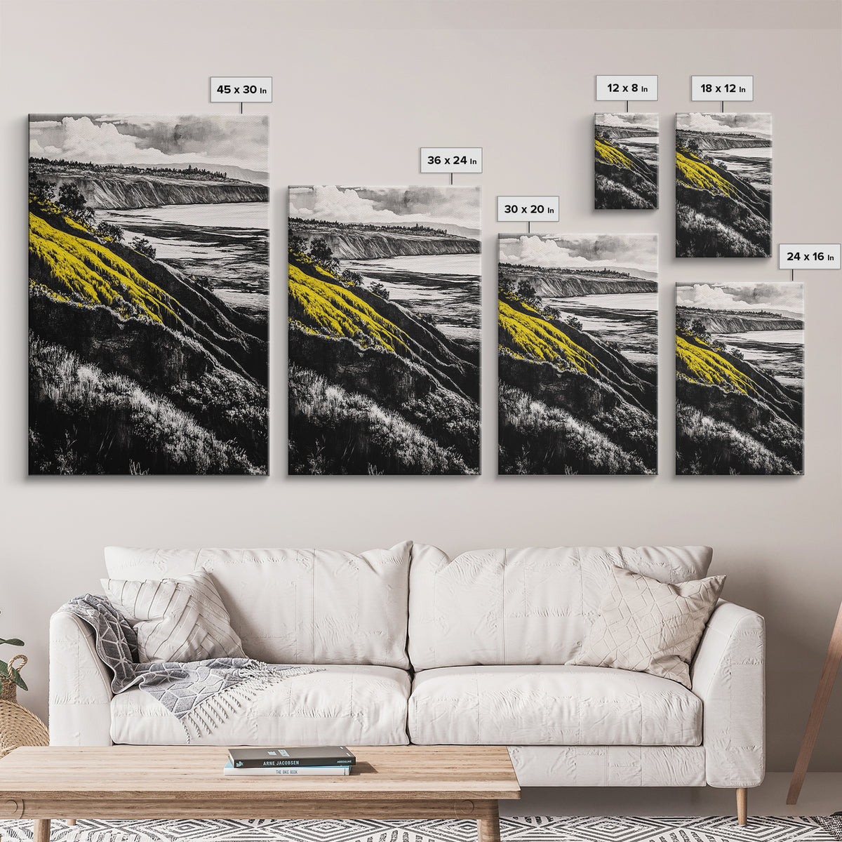 Cliffs, Ocean View, Framed Canvas Print, Coastal Landscape, Beach House Decor, Nature Wall Art, Black White Yellow Art, Scenic View