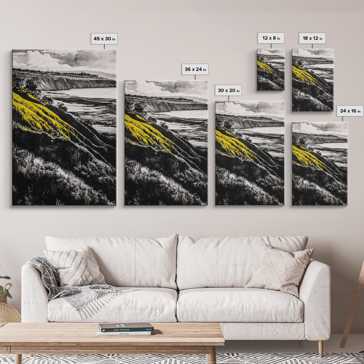 Cliffs, Ocean View, Framed Canvas Print, Coastal Landscape, Beach House Decor, Nature Wall Art, Black White Yellow Art, Scenic View