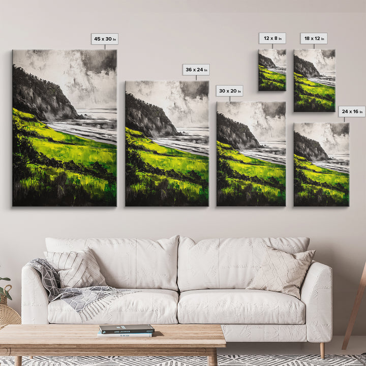 Coastal Cliffs, Vibrant Green, Canvas Print, Beach Wall Art, Nature Photography, Scenic View, Ocean Decor, Living Room Wall Art