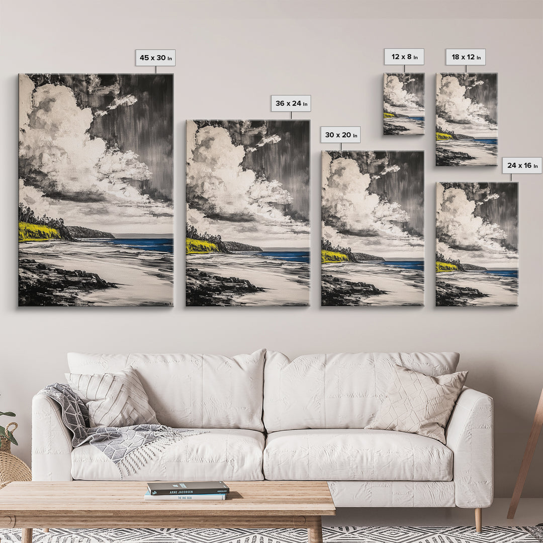 Cliffside View, Ocean Horizon, Cloudy Sky, Framed Canvas Print, Beach House Decor, Monochrome Wall Art, Relaxing Scenery