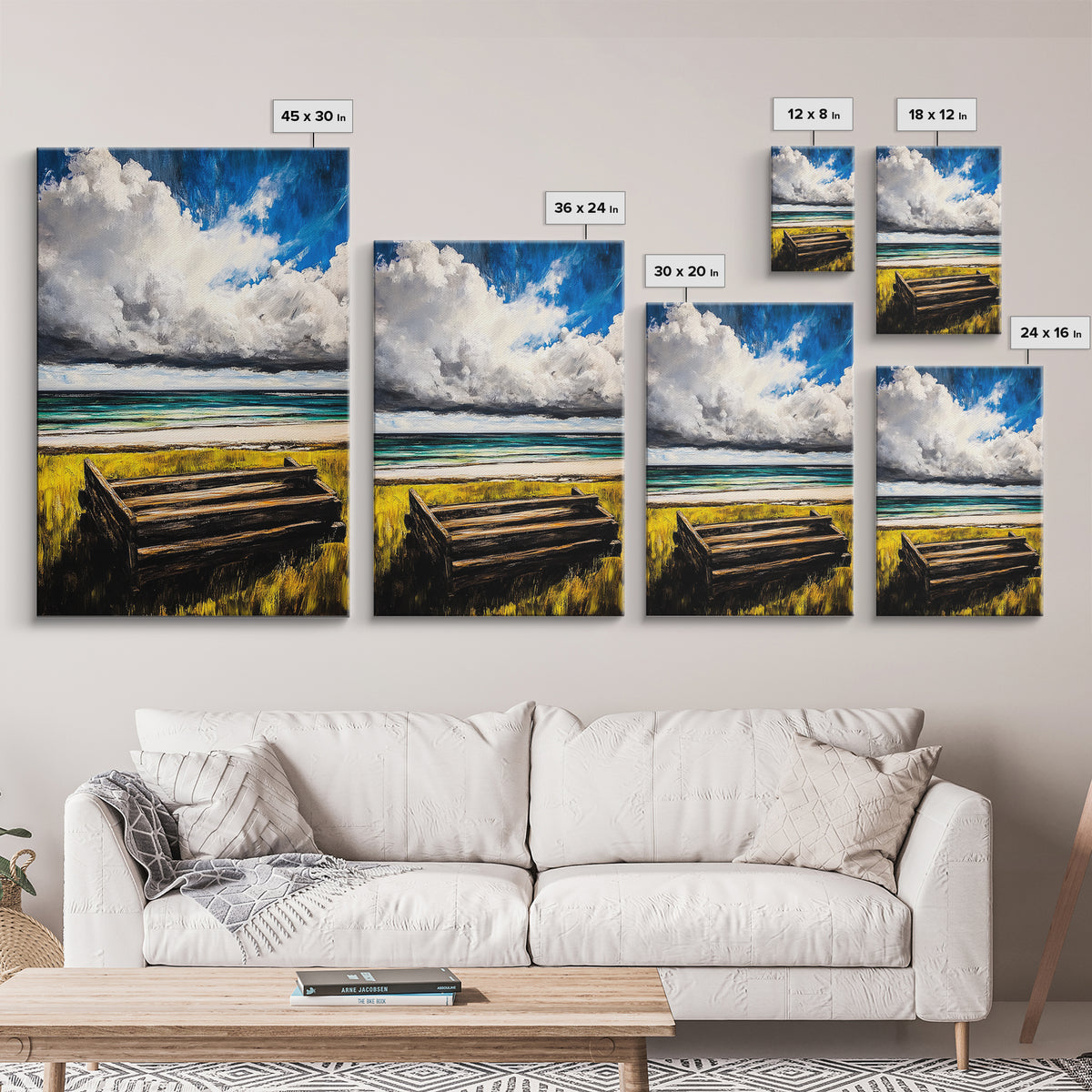 Ocean Bench, Coastal Landscape Art, Beach House Wall Decor, Relaxing Seaside Scene, Serene Water View, Framed Canvas Print