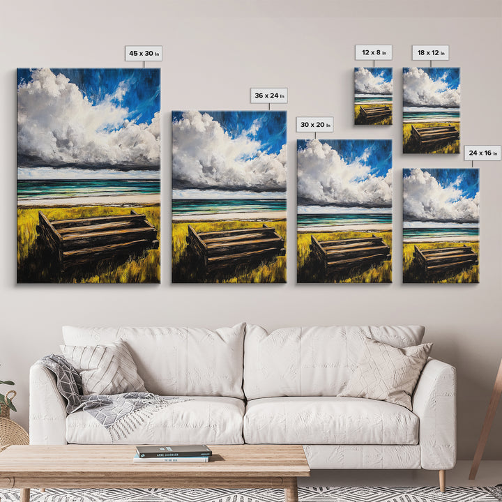 Ocean Bench, Coastal Landscape Art, Beach House Wall Decor, Relaxing Seaside Scene, Serene Water View, Framed Canvas Print