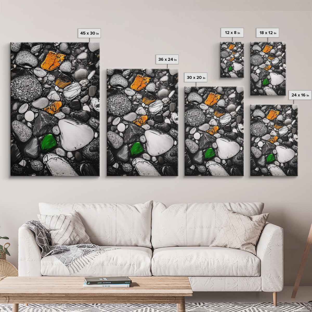 River Pebbles, nature-inspired art, stone texture decor, minimal wall art, earthy tones painting, framed canvas print, bathroom decor