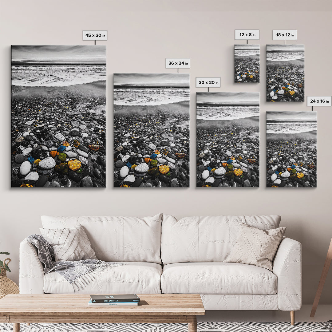 Ocean Pebbles Shoreline, coastal home decor, beach stone art, nautical wall print, calming wave painting, framed canvas print, bedroom art