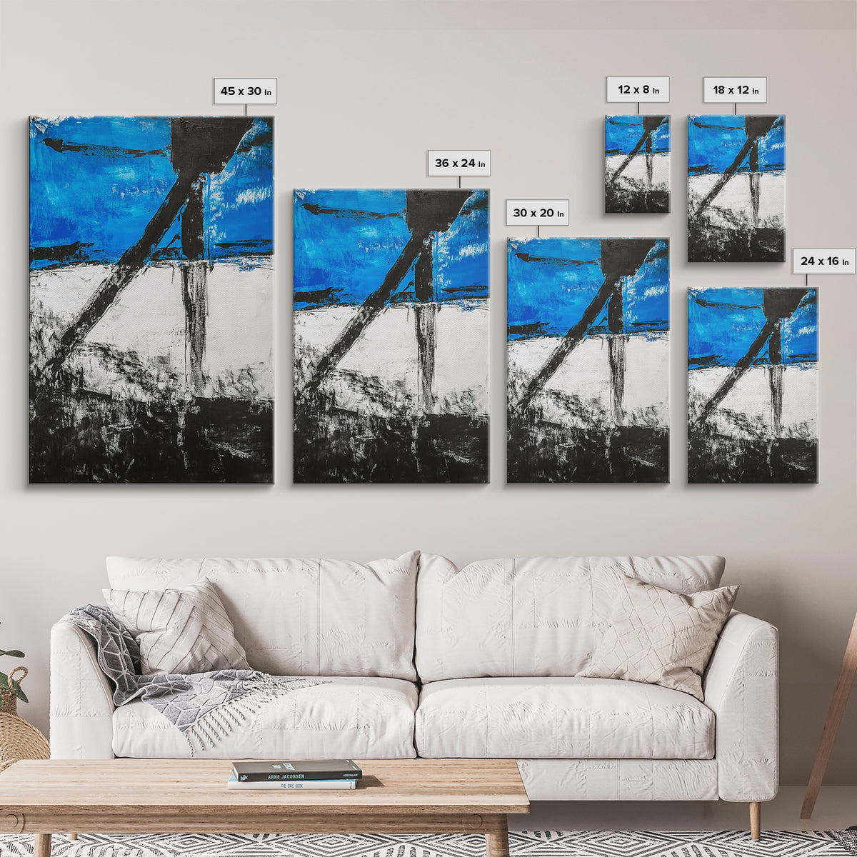 Abstract Blue Horizon, modern minimalist art, bold blue painting, industrial decor, expressive wall art, framed canvas print, office wall