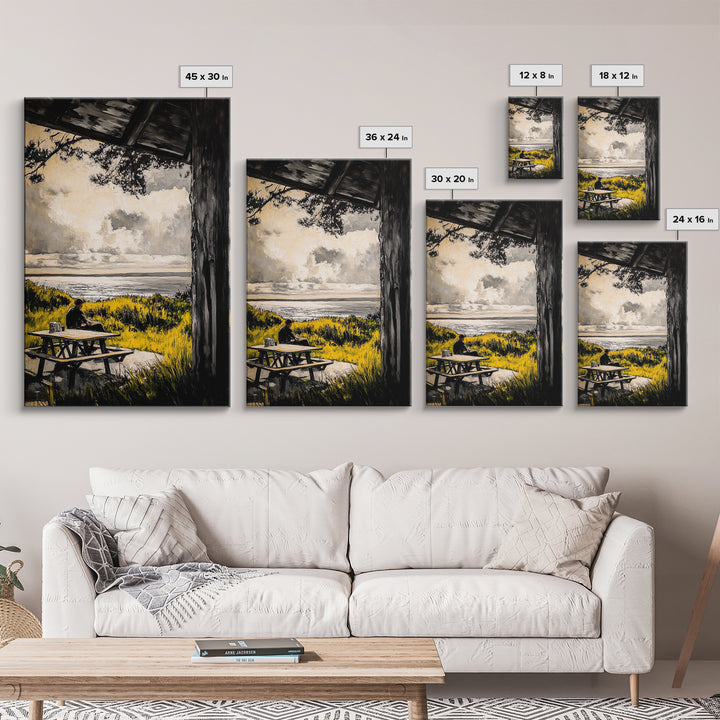 Ocean View Picnic, relaxing landscape painting, coastal art, peaceful nature scene, countryside decor, framed canvas print, living room