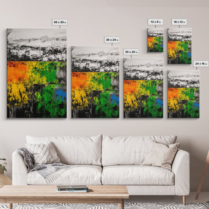 Bold Earthy Abstract, Green Yellow Orange, Framed Canvas Print, Rustic Wall Art, Living Room Decor, Textured Home Accent