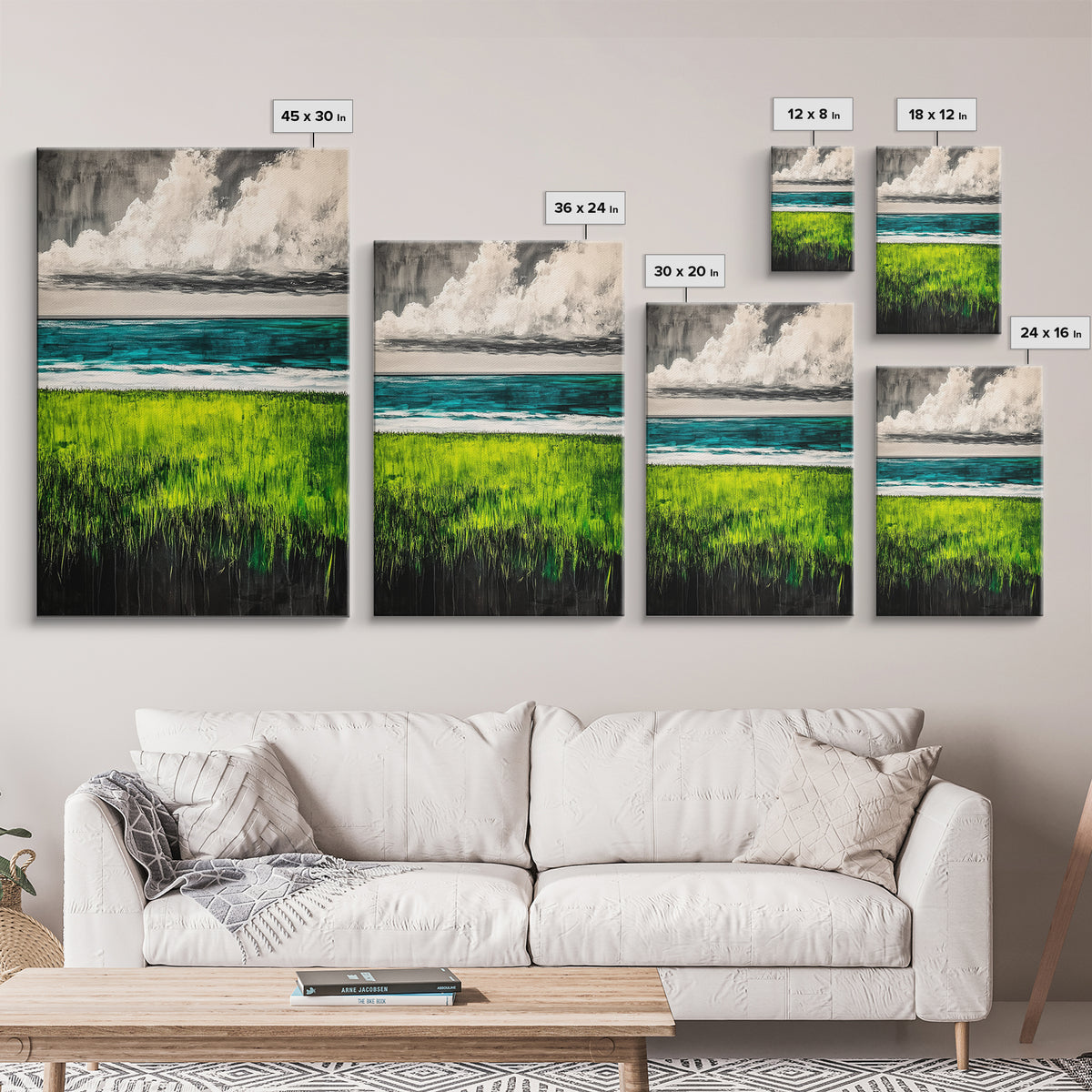 Coastal Landscape Art, Green Blue Ocean, Canvas Print, Serene Beach Wall Decor, Minimalist Nature Painting, Tranquil Home Accent