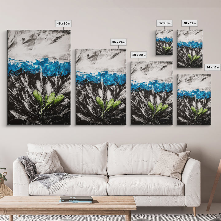 Desert Cactus Painting, Blue Sky Black White, Framed Canvas Print, Modern Southwest Art, Rustic Wall Decor, Minimalist Nature Art