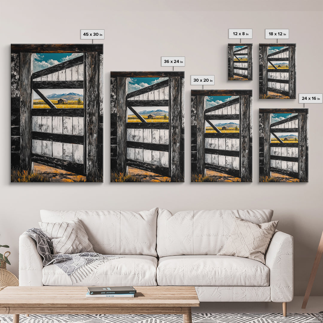 Barn Door View, Mountain Escape, Rustic Scene, Framed Canvas Print, Western Wall Art, Cabin Decor, Farmhouse Style, Country Living