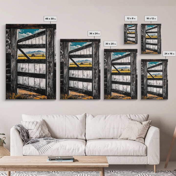 Barn Door View, Mountain Escape, Rustic Scene, Framed Canvas Print, Western Wall Art, Cabin Decor, Farmhouse Style, Country Living