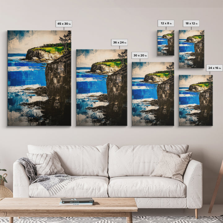 Coastal Cliff, Ocean Canvas Print, Nature Wall Art, Beach House Decor, Seascape Painting, Vibrant Blue Green Artwork, Office Art