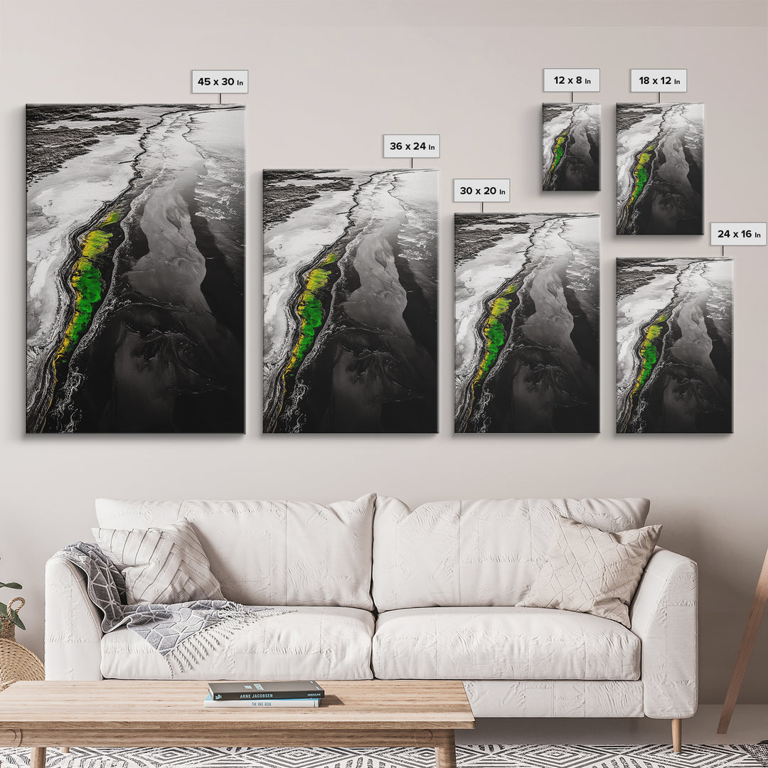 Abstract River, Nature Landscape, Modern Wall Art, Monochrome Print, Green Accents, Contemporary Art, Framed Canvas Print, Office Wall Decor