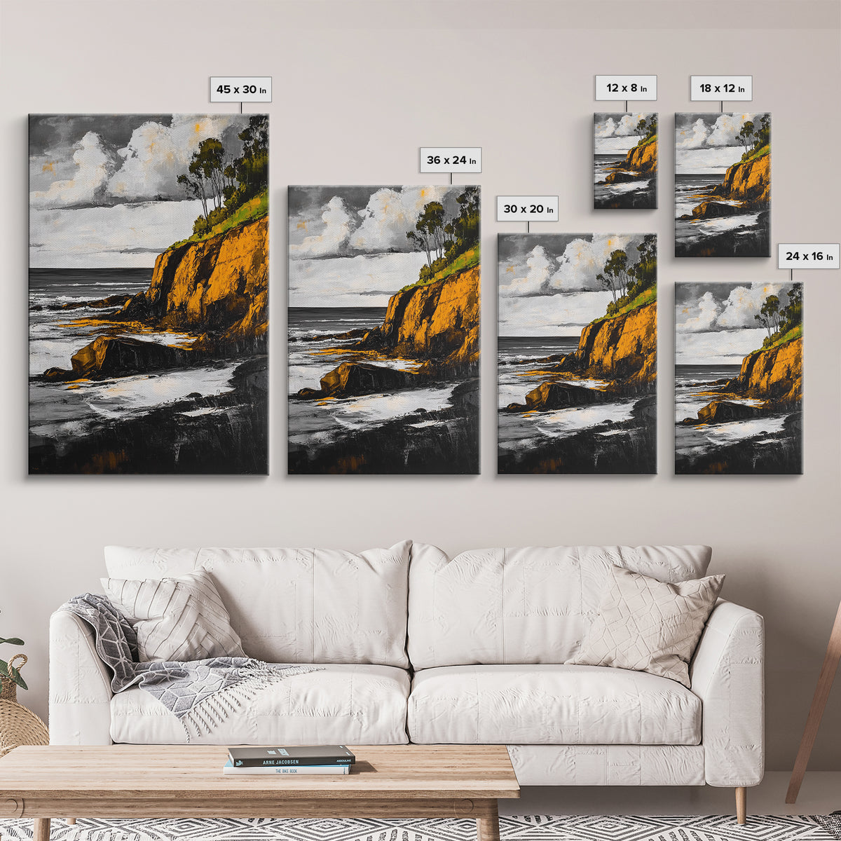 Ocean Cliffs, Coastal Landscape, Golden Tones, Black and White Seascape, Framed Canvas Print, Beach House Wall Art, Office Wall Decor