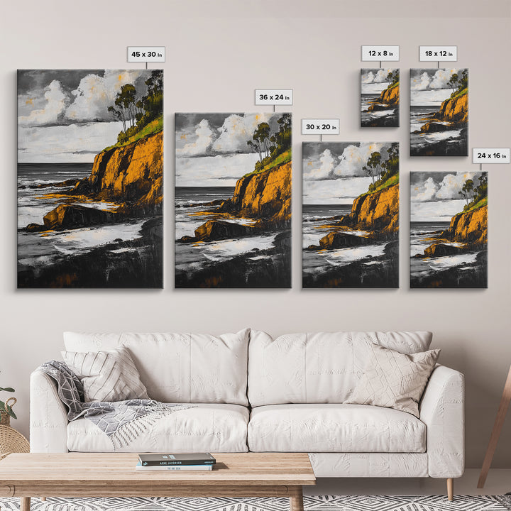 Ocean Cliffs, Coastal Landscape, Golden Tones, Black and White Seascape, Framed Canvas Print, Beach House Wall Art, Office Wall Decor