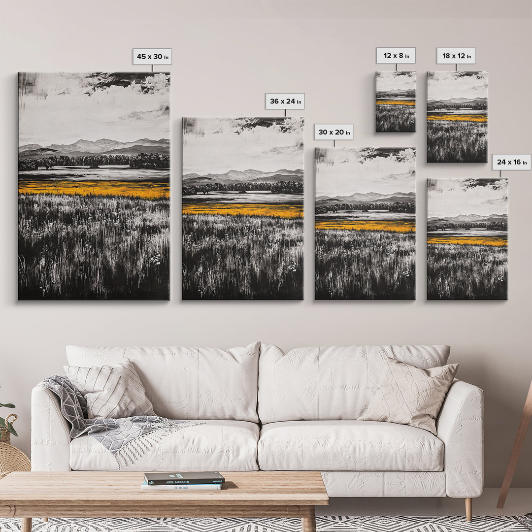 Golden Meadow, Black and White Landscape with Yellow Accents, Minimalist Nature Wall Art, Framed Canvas Print, Living Room or Office Decor