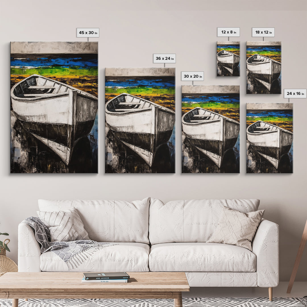 Coastal Rowboat, Black and White Boat Painting, Nautical Seascape Art, Rustic Beach House Decor, Framed Canvas Print, Bedroom Art