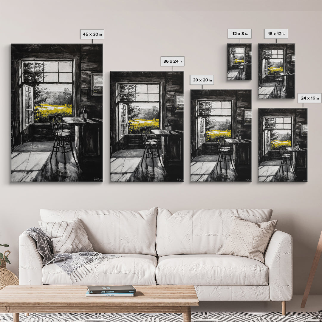 Rustic Cabin View, Black and White with Yellow Accents, Cozy Country Home Art, Framed Canvas Print, Living Room or Dining Room Decor