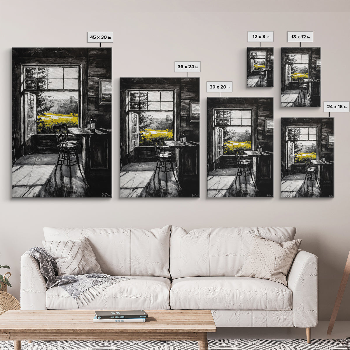 Rustic Cabin View, Black and White with Yellow Accents, Cozy Country Home Art, Framed Canvas Print, Living Room or Dining Room Decor