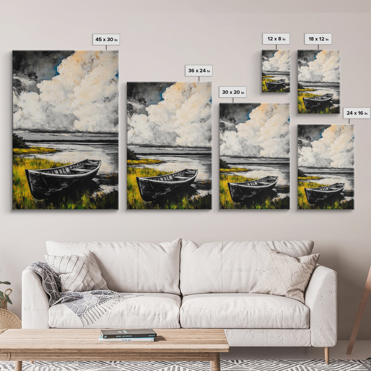 Rowboat Reflection, Rustic Lake Art, Black and White Boat Print, Tranquil Nature Scene, Living Room Wall Decor, Nautical Canvas Print