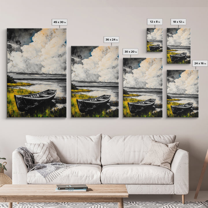 Rowboat Reflection, Rustic Lake Art, Black and White Boat Print, Tranquil Nature Scene, Living Room Wall Decor, Nautical Canvas Print