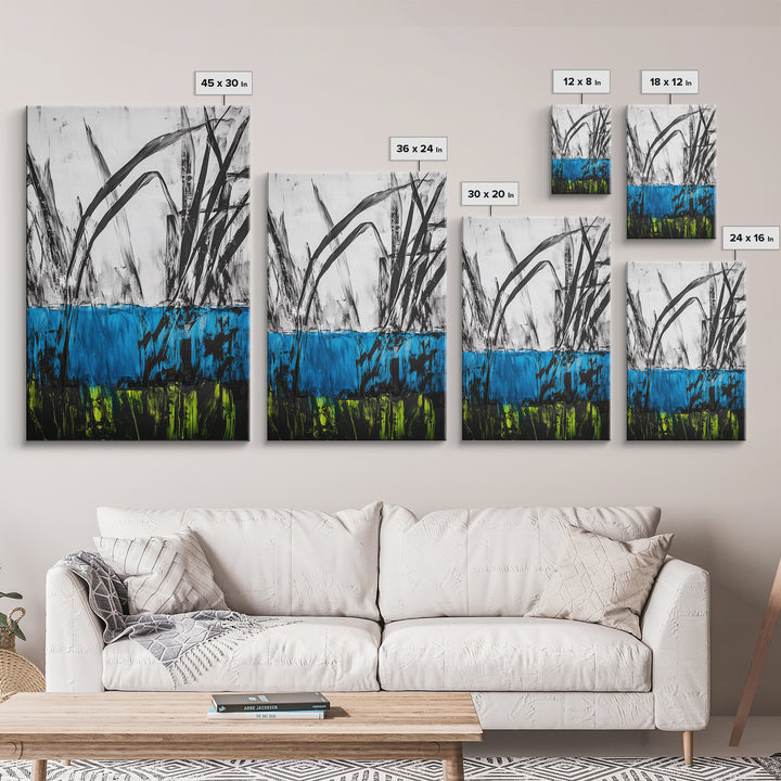 Abstract Grass, Blue and Green Art, Nature Inspired Wall Art, Minimalist Decor, Textured Canvas Print, Living Room Wall Art